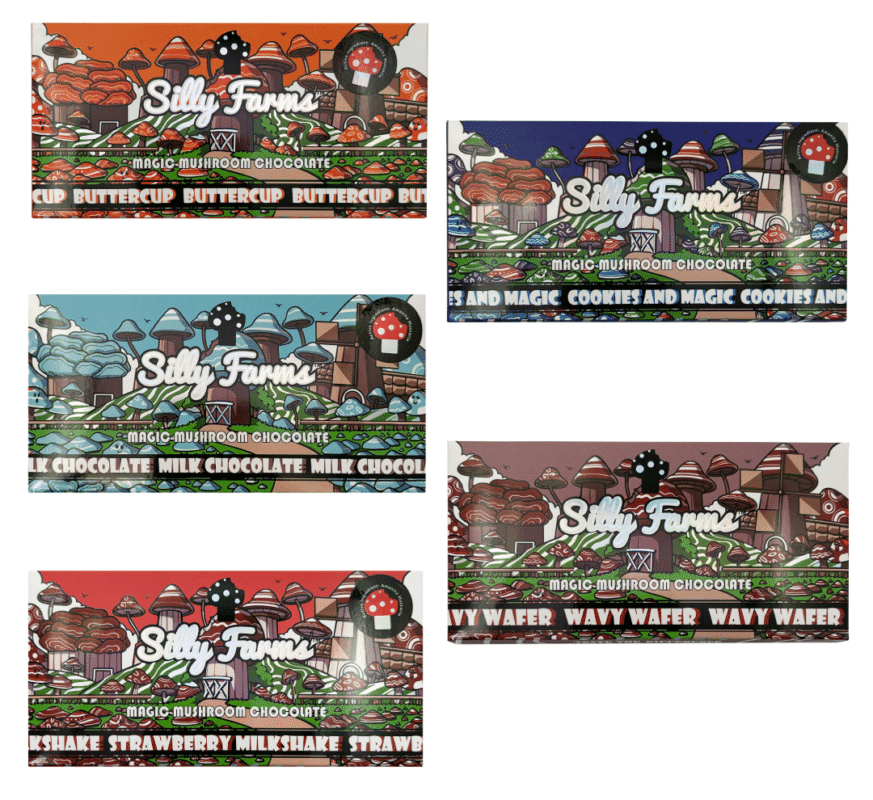 Silly Farms mushroom chocolate bar lineup flavors display