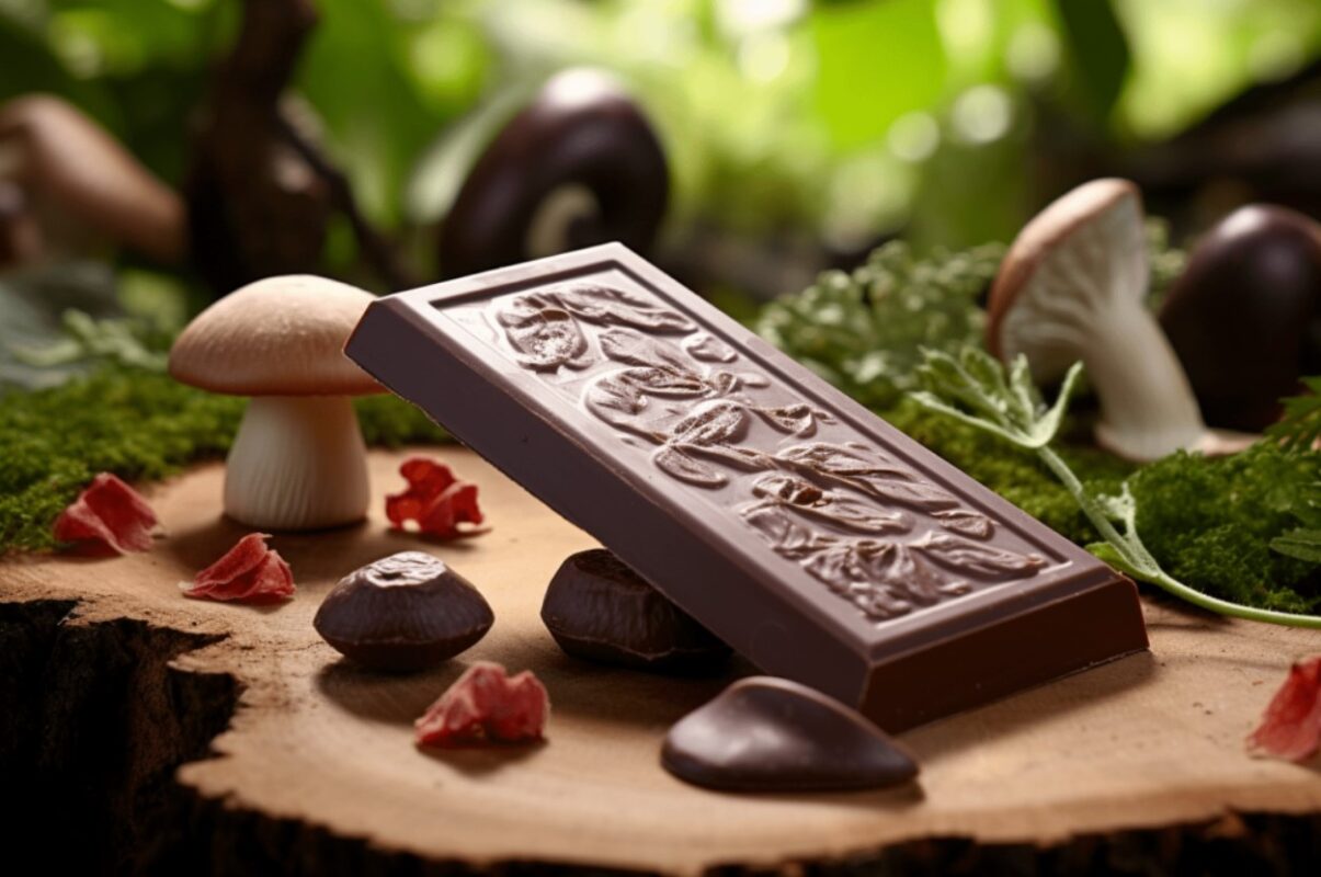 Chocolate bar with mushrooms on rustic table