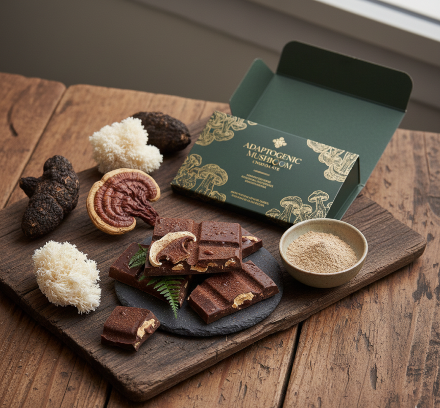 aesthetic flat lay of functional mushroom chocolate with packaging