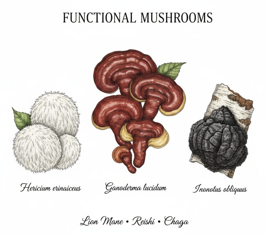 functional mushrooms lion’s mane reishi chaga illustration